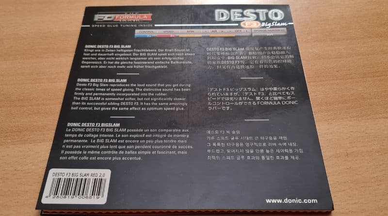 Rückseite der Verpackung des Donic Desto F3 Big Slam