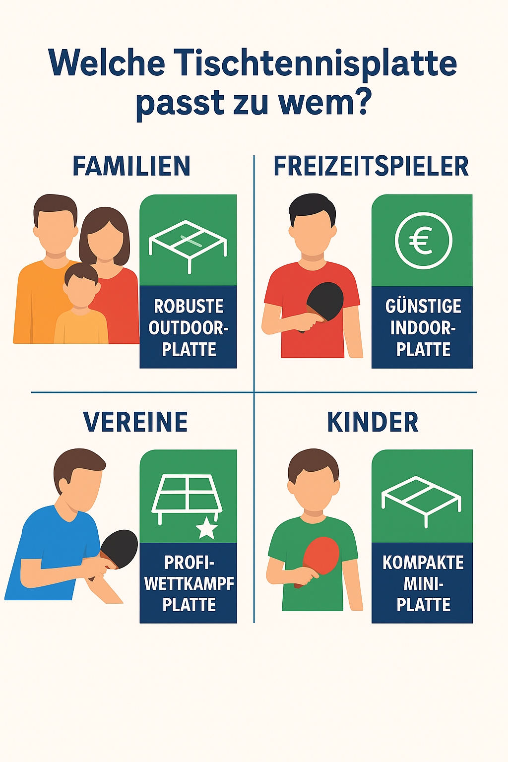Infografik: Welche Tischtennisplatte passt zu wem – Outdoor für Familien, Indoor für Freizeitspieler, Wettkampfplatte für Vereine, Mini-Platte für Kinder